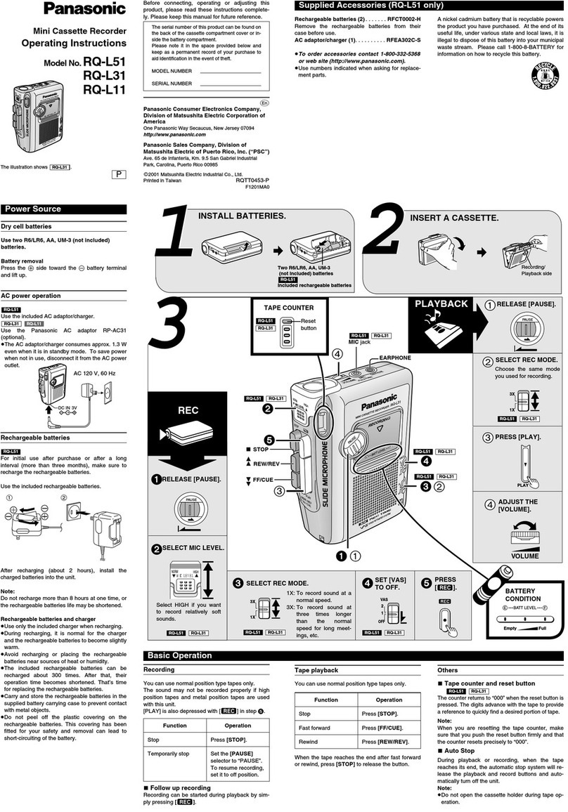 Panasonic RQ-L31 - Cassette Dictaphone Manual de usuario Panasonic RQ-L31 - Cassette Dictaphone Manual de usuario