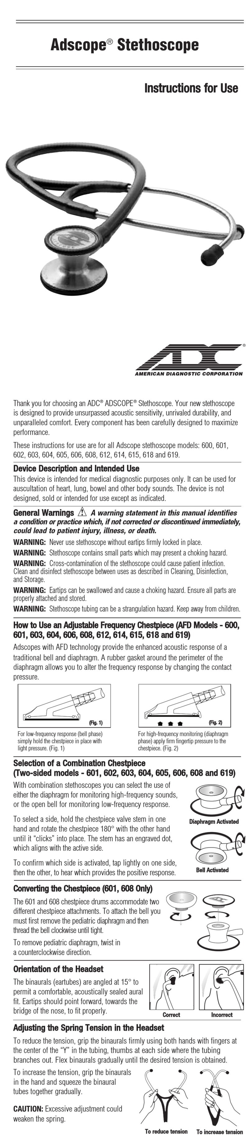 ADC Adscope Stethoscope 600 Manual de usuario ADC Adscope Stethoscope 600 Manual de usuario